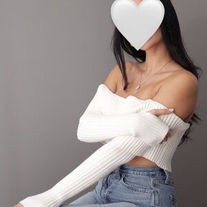 Edikted Off-Shoulder Ribbed White Women’s Sweater